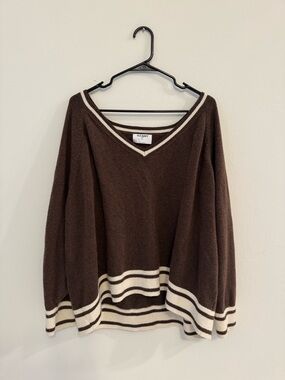 Old Navy Brown V-Neck Sweater with Cream Stripe Trim